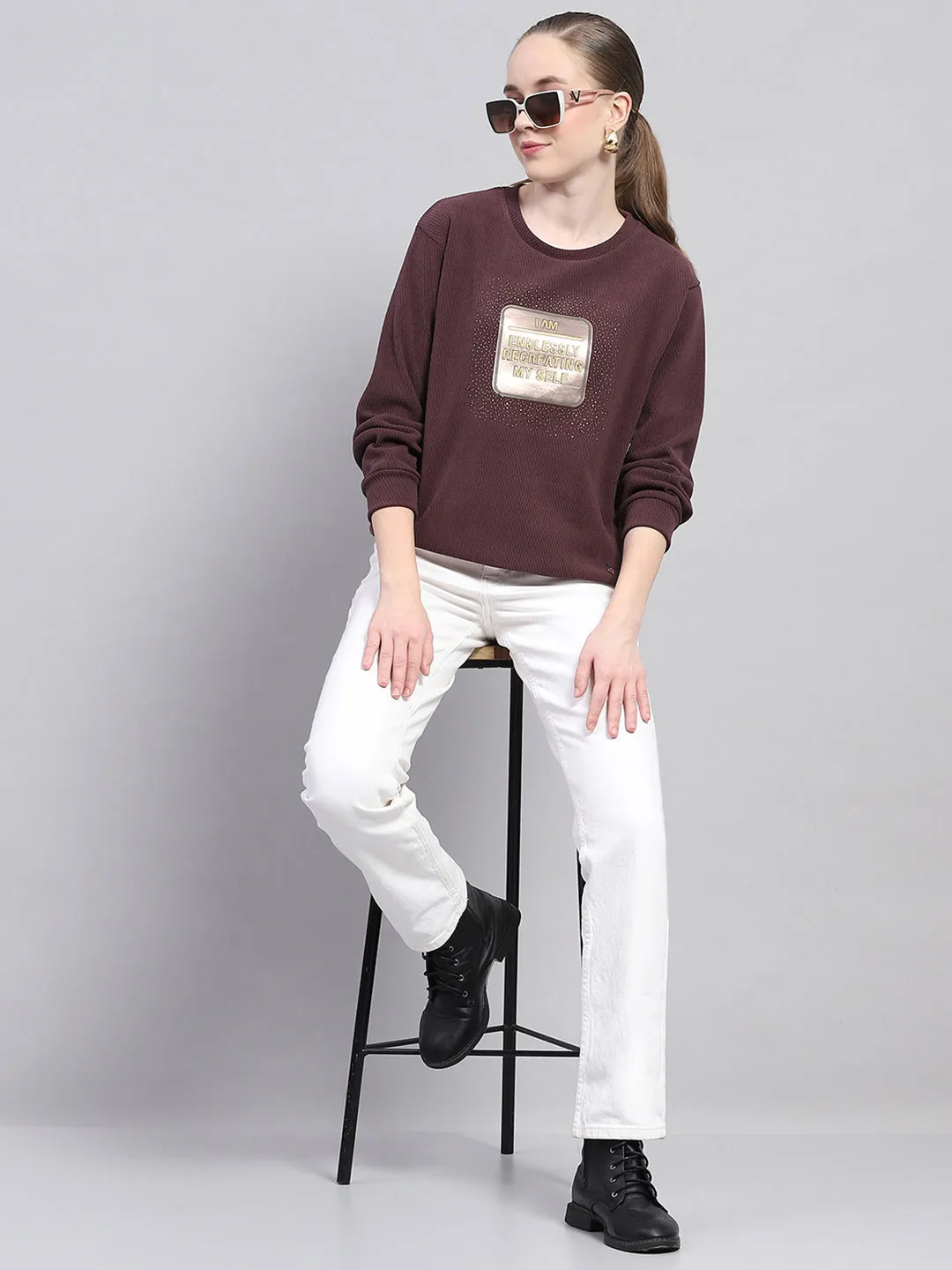 Women Maroon Printed Round Neck Full Sleeve Sweatshirt sold by Monte Carlo product image thumbnail 2