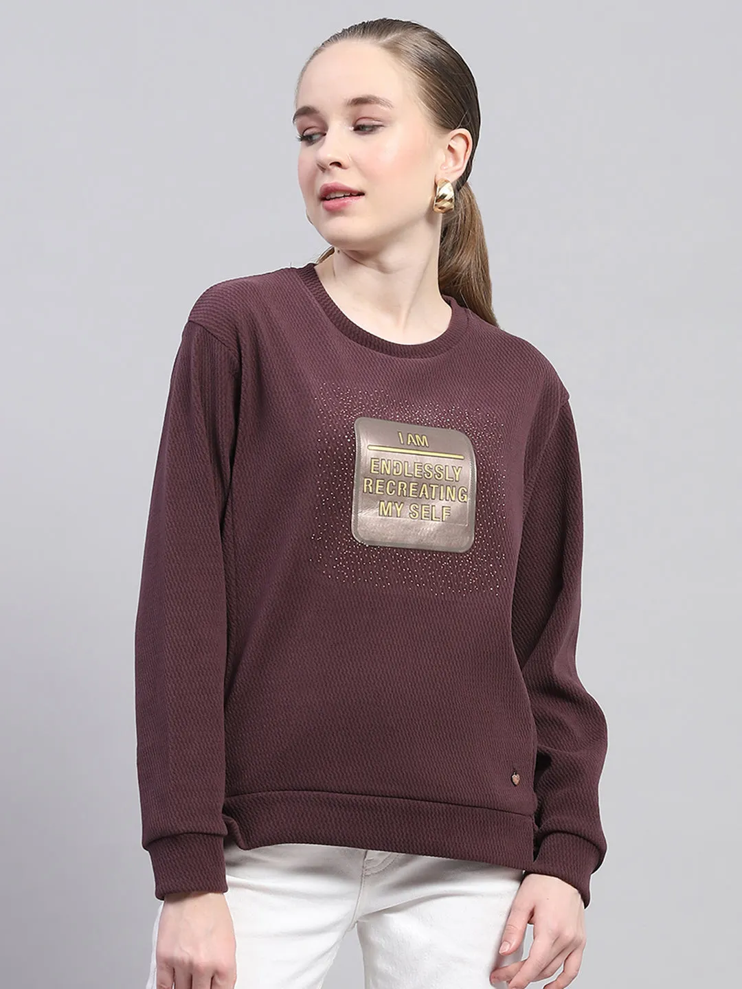 Women Maroon Printed Round Neck Full Sleeve Sweatshirt sold by Monte Carlo