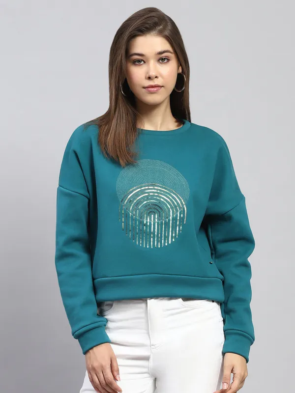 Women Green Printed Round Neck Full Sleeve Sweatshirt sold by Monte Carlo