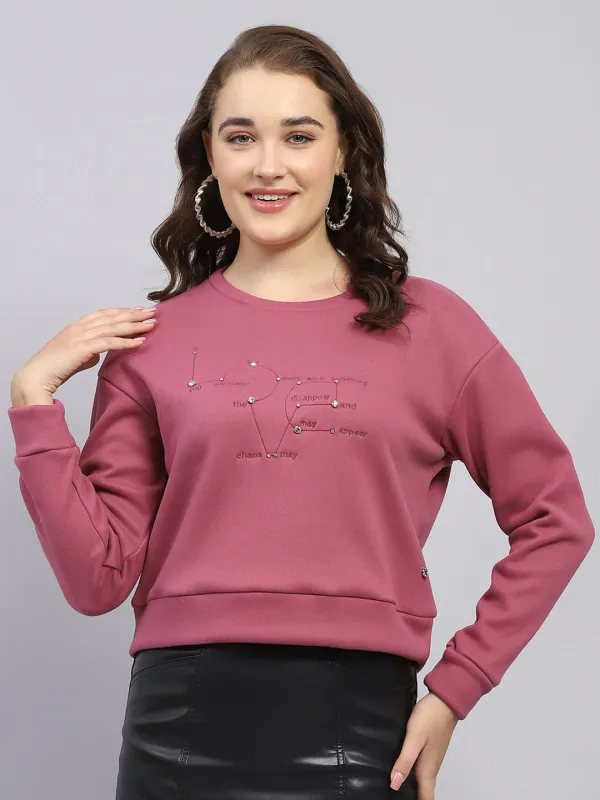 Women Pink Embroidered Round Neck Full Sleeve Sweatshirt sold by Monte Carlo
