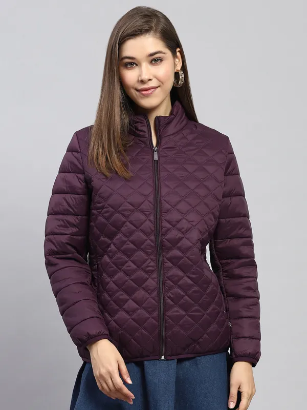 Women Burgundy Self Design Mock Neck Full Sleeve Jacket sold by Monte Carlo
