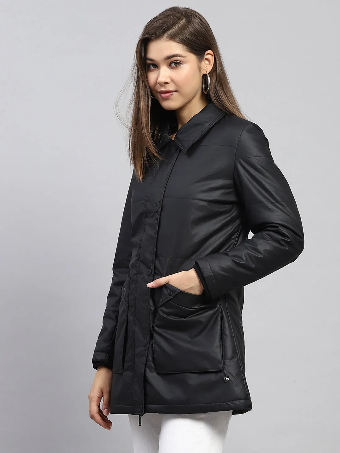 Women Black Self Design Collar Full Sleeve Jacket sold by Monte Carlo product image thumbnail 3