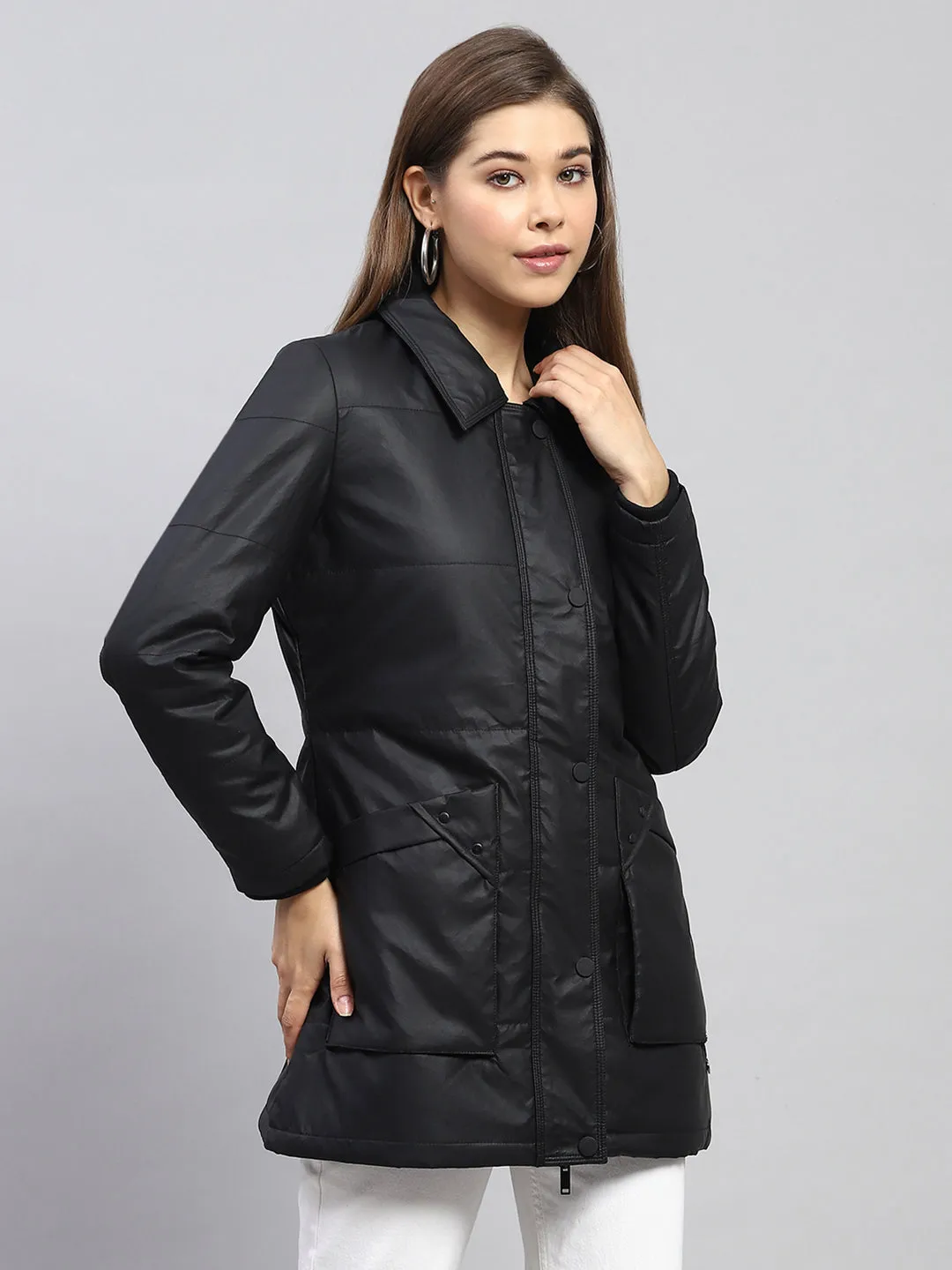 Women Black Self Design Collar Full Sleeve Jacket sold by Monte Carlo product image thumbnail 4