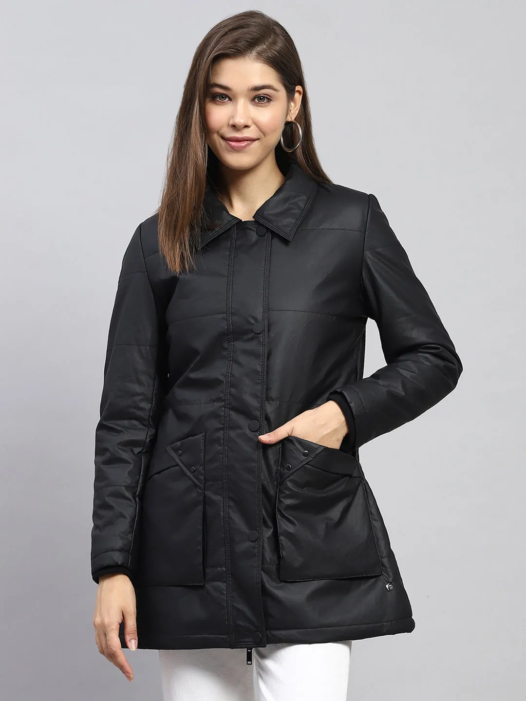 Women Black Self Design Collar Full Sleeve Jacket sold by Monte Carlo