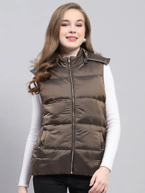 Women Brown Solid Detachable Hood Sleeveless Jacket sold by Monte Carlo