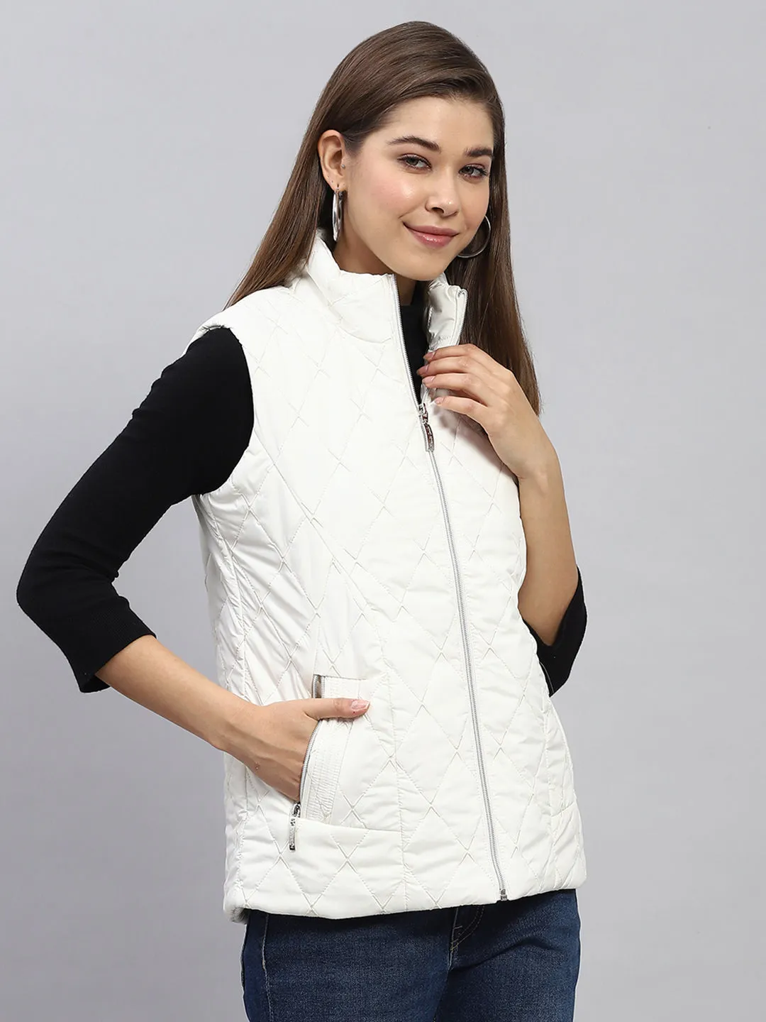 Women White Embroidered Mock Neck Sleeveless Jacket sold by Monte Carlo product image thumbnail 4