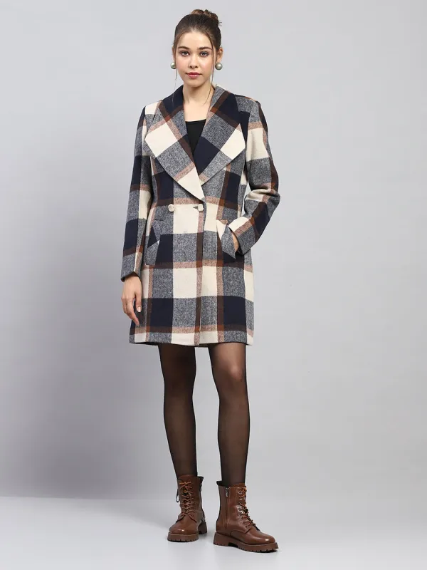 Women Navy Blue Check Notch lapel Collar Full Sleeve Coat sold by Monte Carlo