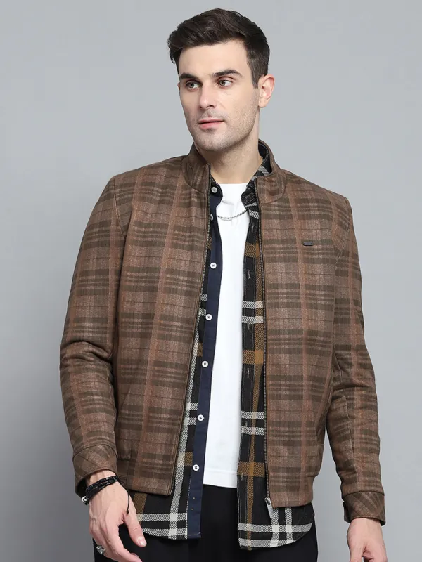 Men Brown Self Design Mock Neck Full Sleeve Jacket sold by Monte Carlo