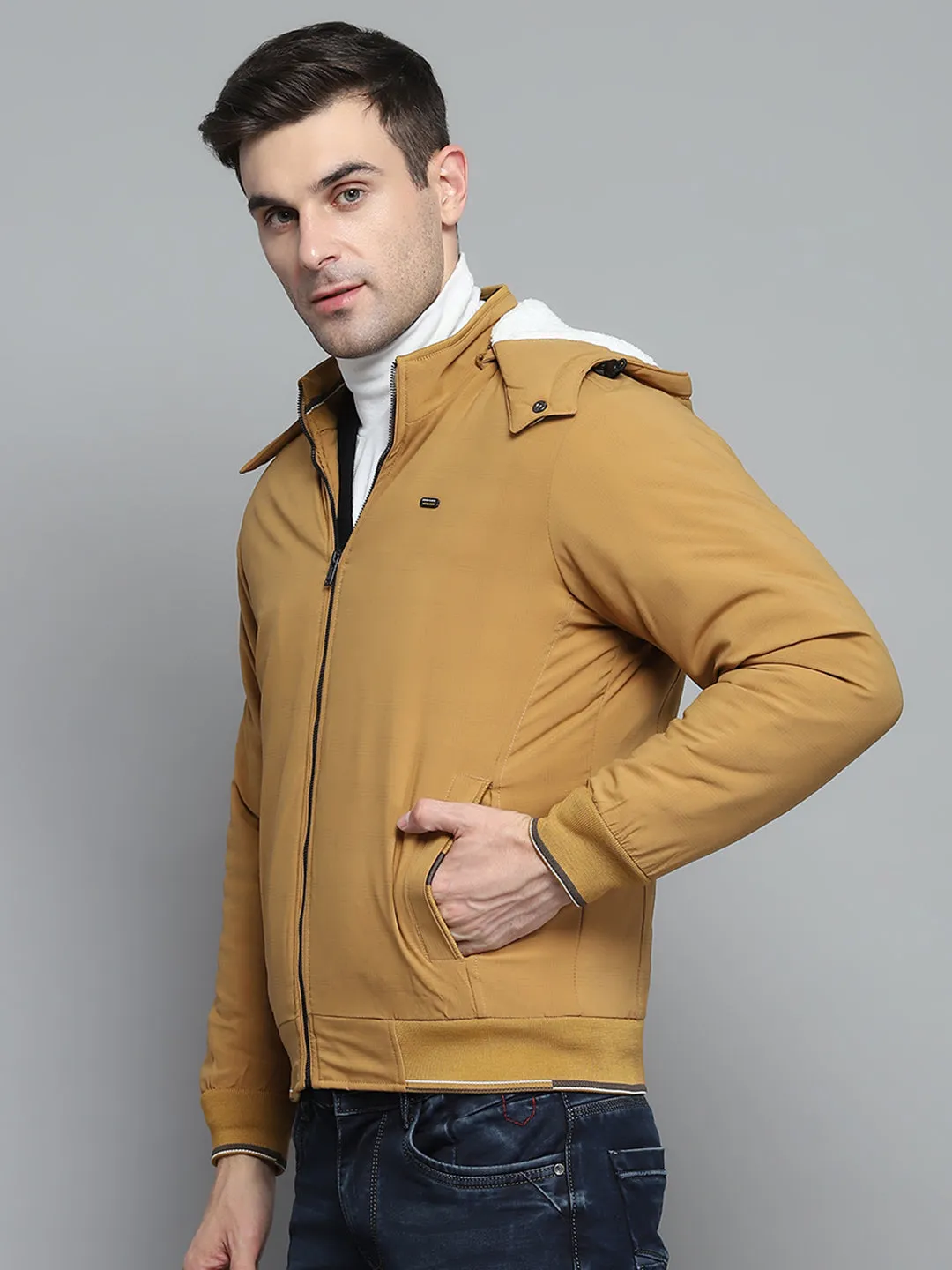 Men Mustard Solid Detachable Hood Full Sleeve Jacket sold by Monte Carlo product image thumbnail 3