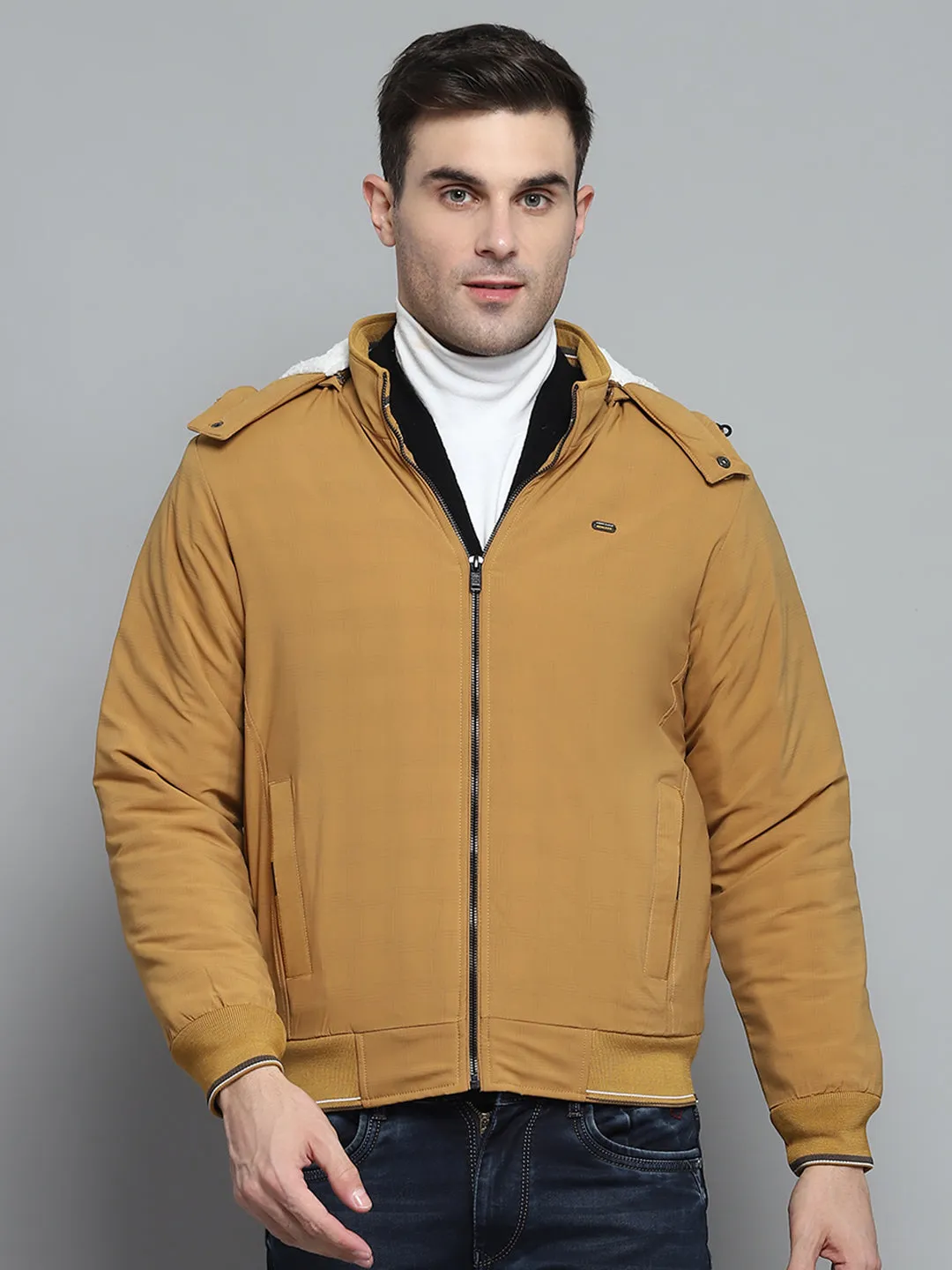 Men Mustard Solid Detachable Hood Full Sleeve Jacket sold by Monte Carlo