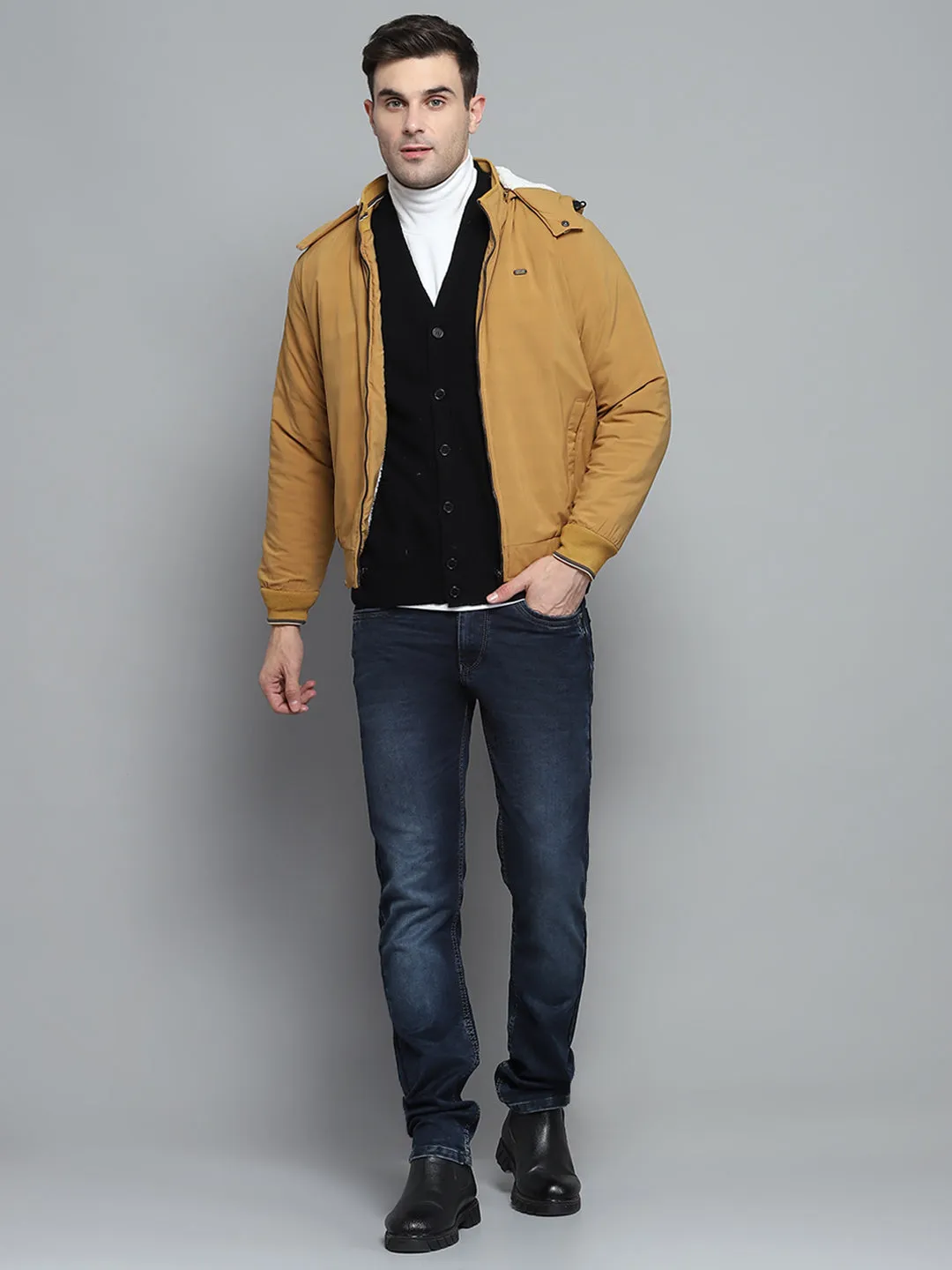 Men Mustard Solid Detachable Hood Full Sleeve Jacket sold by Monte Carlo product image thumbnail 2