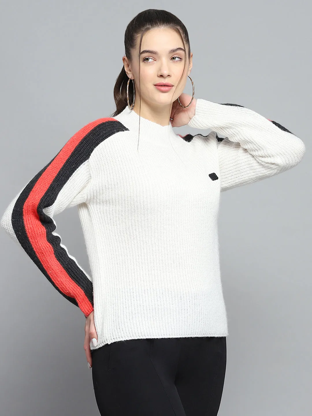 Rock.it Women White Solid Round Neck Full Sleeve Pullover sold by Monte Carlo product image thumbnail 4
