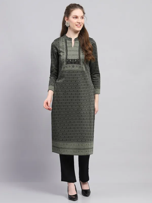 Women Green Printed Round Neck Full Sleeve Winter Kurti made by Monte Carlo