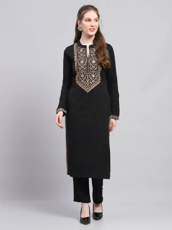 Women Black Embroidered Round Neck Full Sleeve Kurti Set for Winter sold by Monte Carlo
