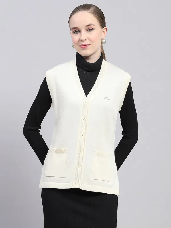 Women Off White Solid V Neck Sleeveless Cardigan sold by Monte Carlo