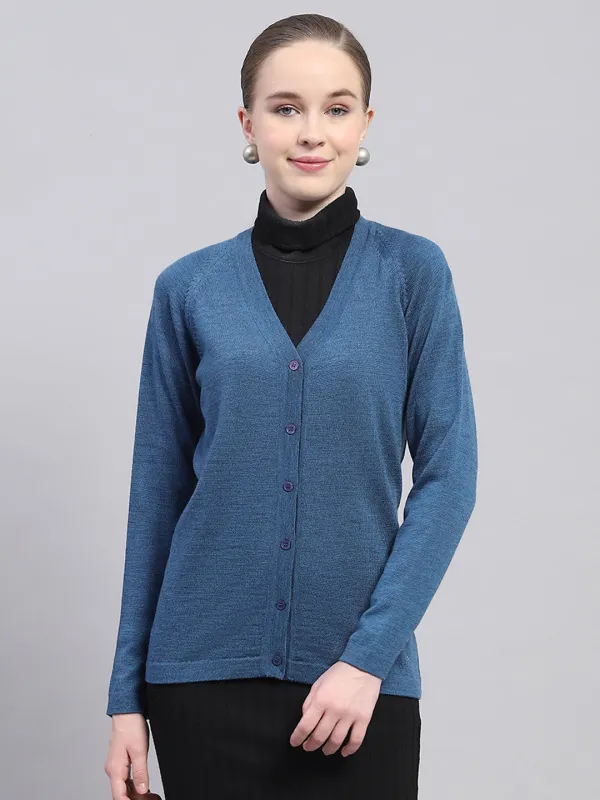 Women Blue Solid V Neck Full Sleeve Cardigan sold by Monte Carlo