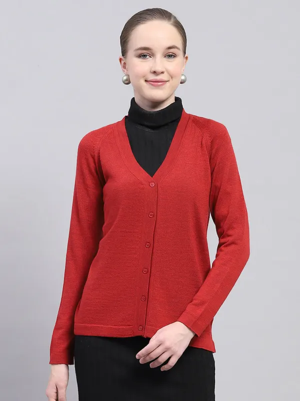 Women Maroon Solid V Neck Full Sleeve Cardigan sold by Monte Carlo