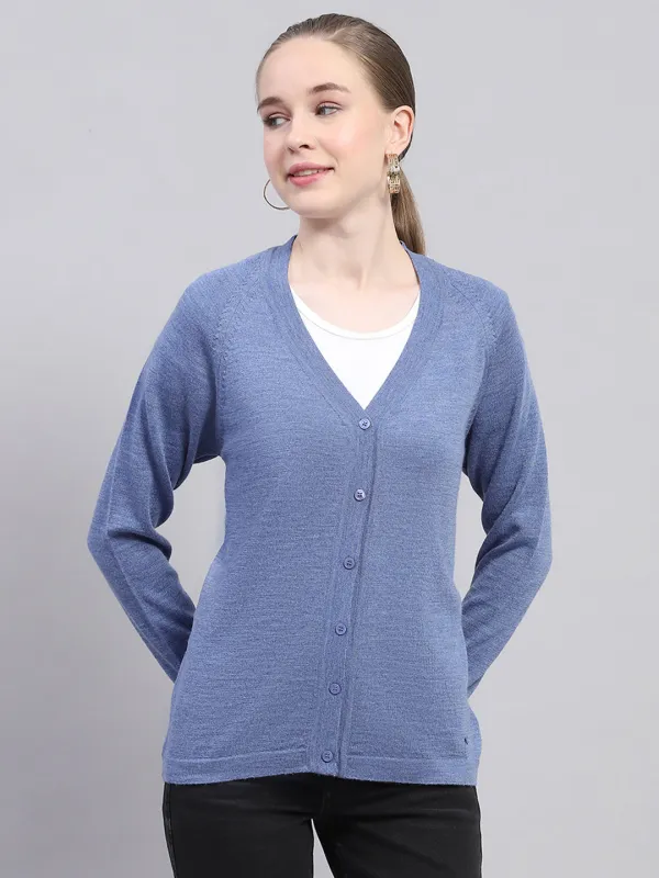 Women Blue Solid V Neck Full Sleeve Cardigan sold by Monte Carlo