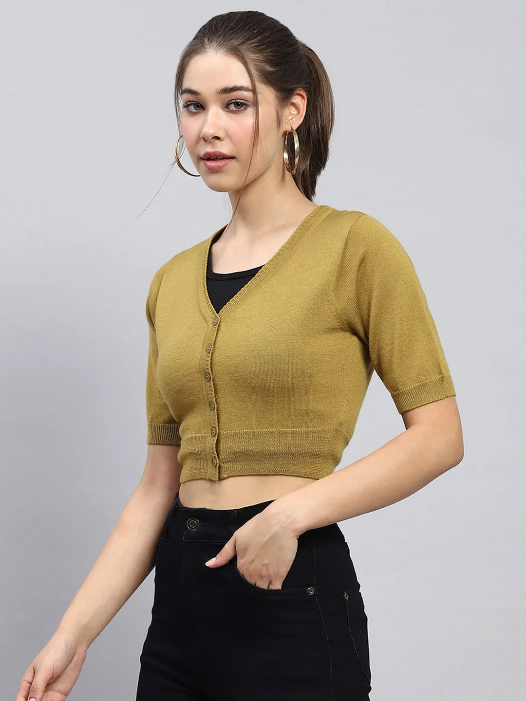 Women Khaki Solid V Neck Half Sleeve Blouse sold by Monte Carlo product image thumbnail 3