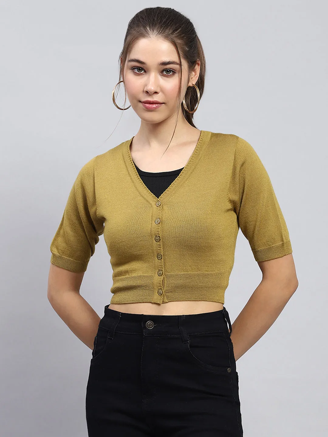 Women Khaki Solid V Neck Half Sleeve Blouse sold by Monte Carlo