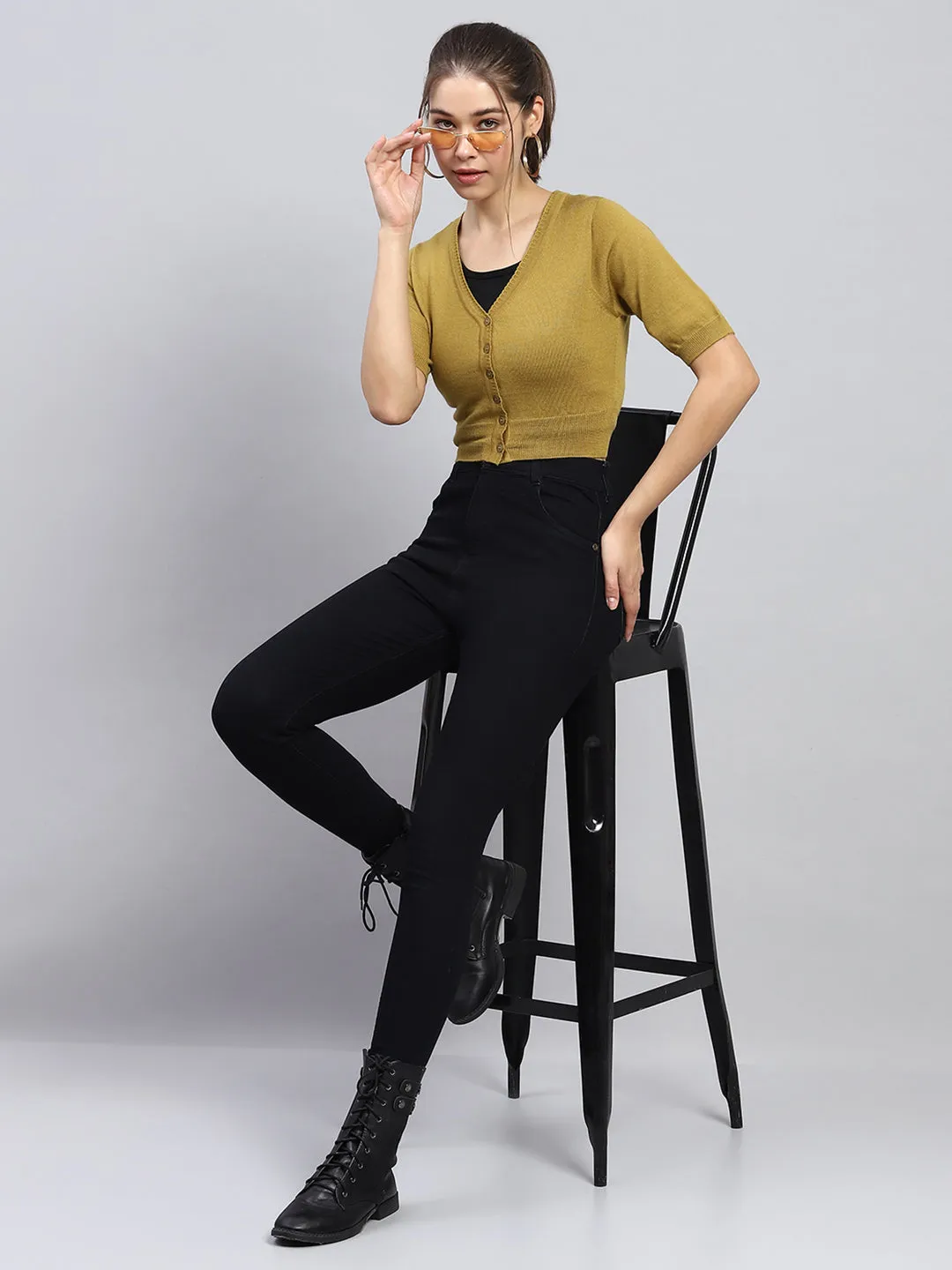 Women Khaki Solid V Neck Half Sleeve Blouse sold by Monte Carlo product image thumbnail 2