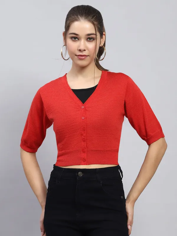 Women Red Solid V Neck Half Sleeve Blouse sold by Monte Carlo
