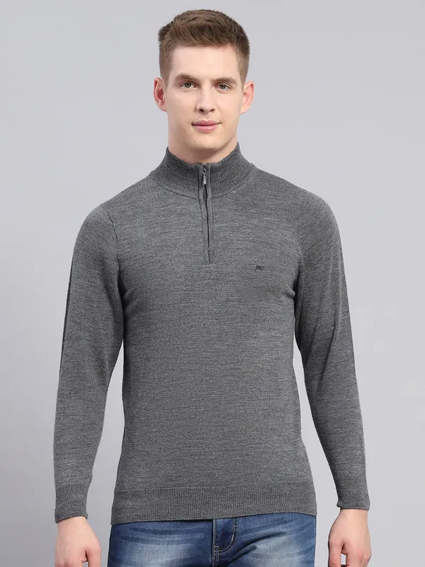 Men Grey Solid Mock Neck Full Sleeve Pullover sold by Monte Carlo