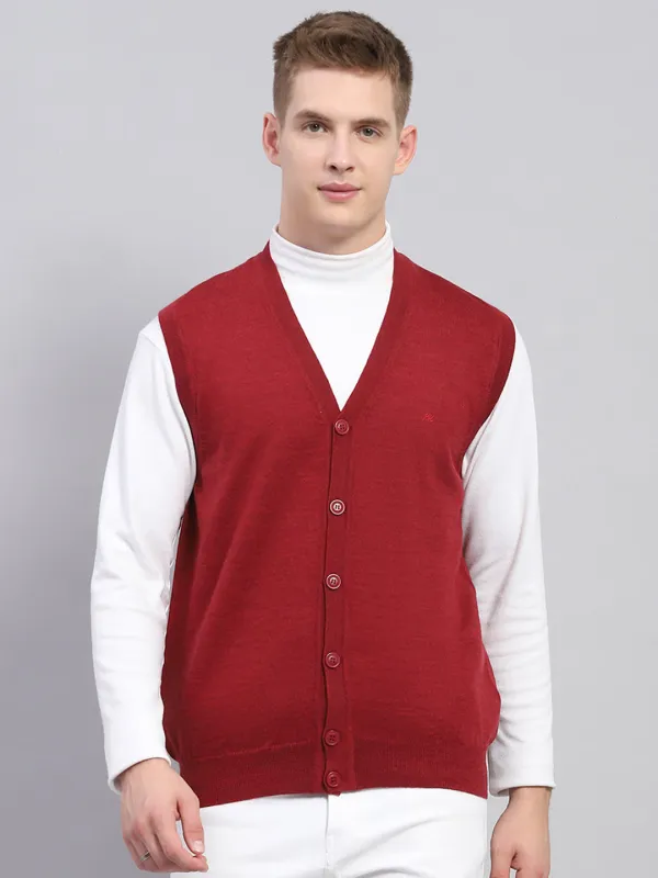 Men Maroon Solid V Neck Sleeveless Cardigan sold by Monte Carlo