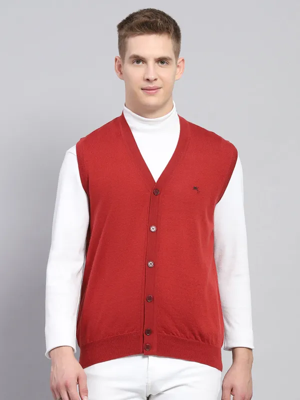 Men Red Solid V Neck Sleeveless Cardigan sold by Monte Carlo