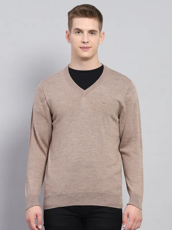 Men Beige Solid V Neck Full Sleeve Pullover made by Monte Carlo