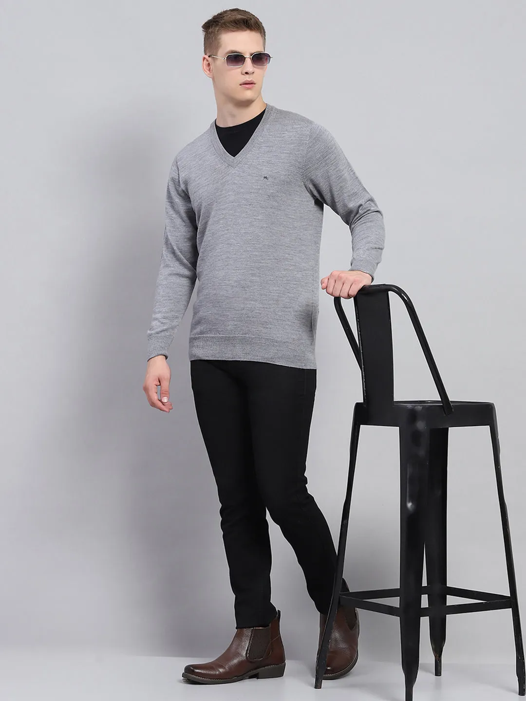 Men Grey Solid V Neck Full Sleeve Pullover sold by Monte Carlo product image thumbnail 2