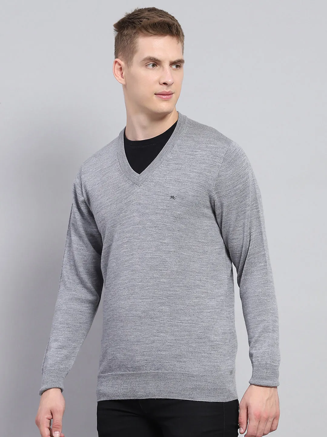Men Grey Solid V Neck Full Sleeve Pullover sold by Monte Carlo product image thumbnail 3