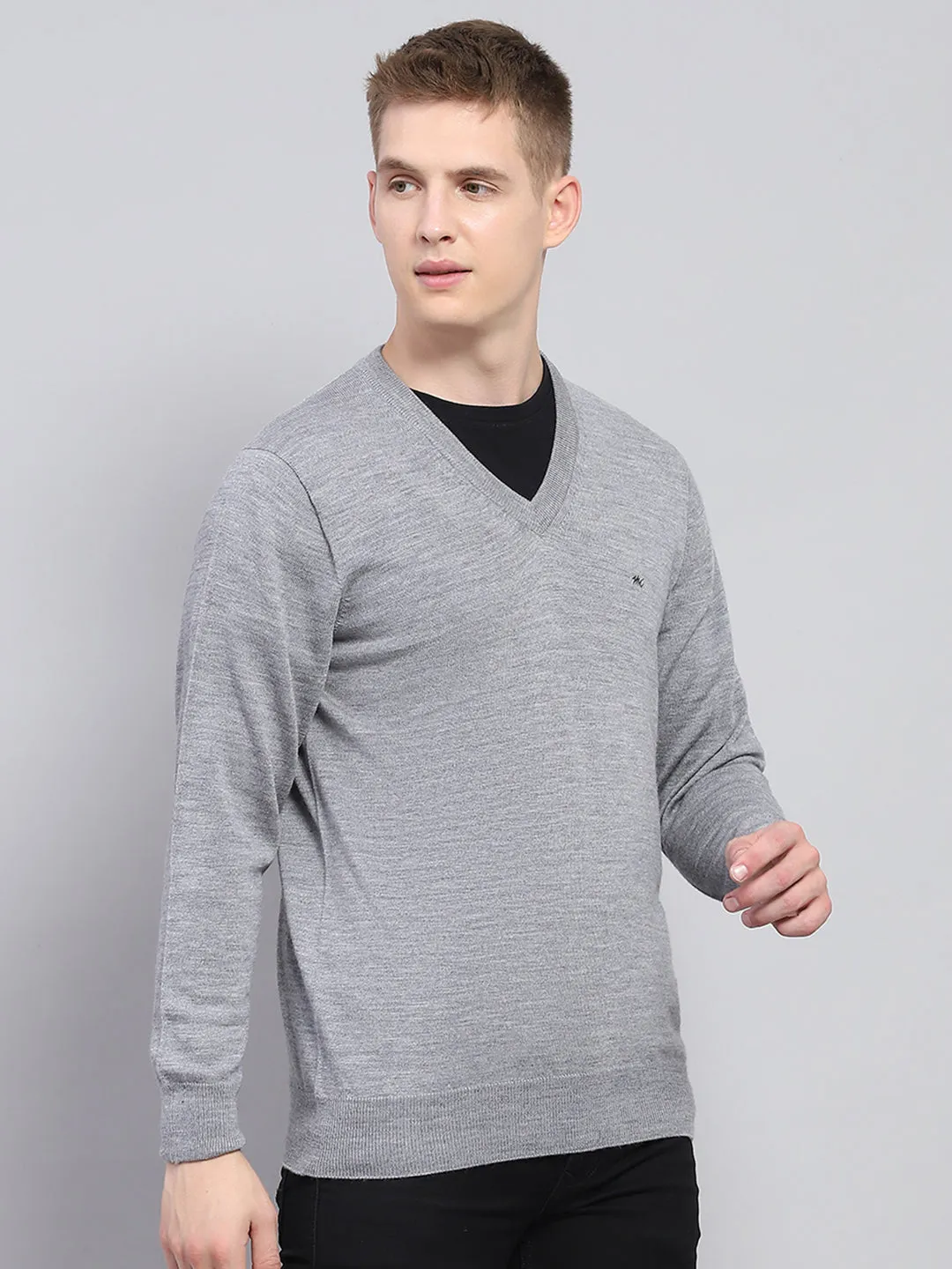 Men Grey Solid V Neck Full Sleeve Pullover sold by Monte Carlo product image thumbnail 4