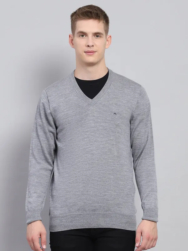 Men Grey Solid V Neck Full Sleeve Pullover made by Monte Carlo
