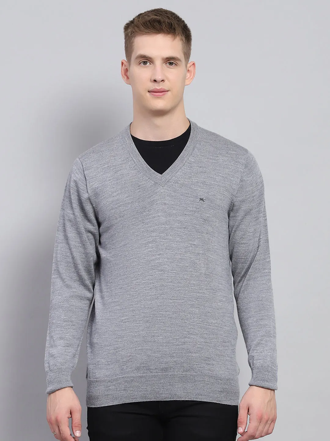 Men Grey Solid V Neck Full Sleeve Pullover sold by Monte Carlo
