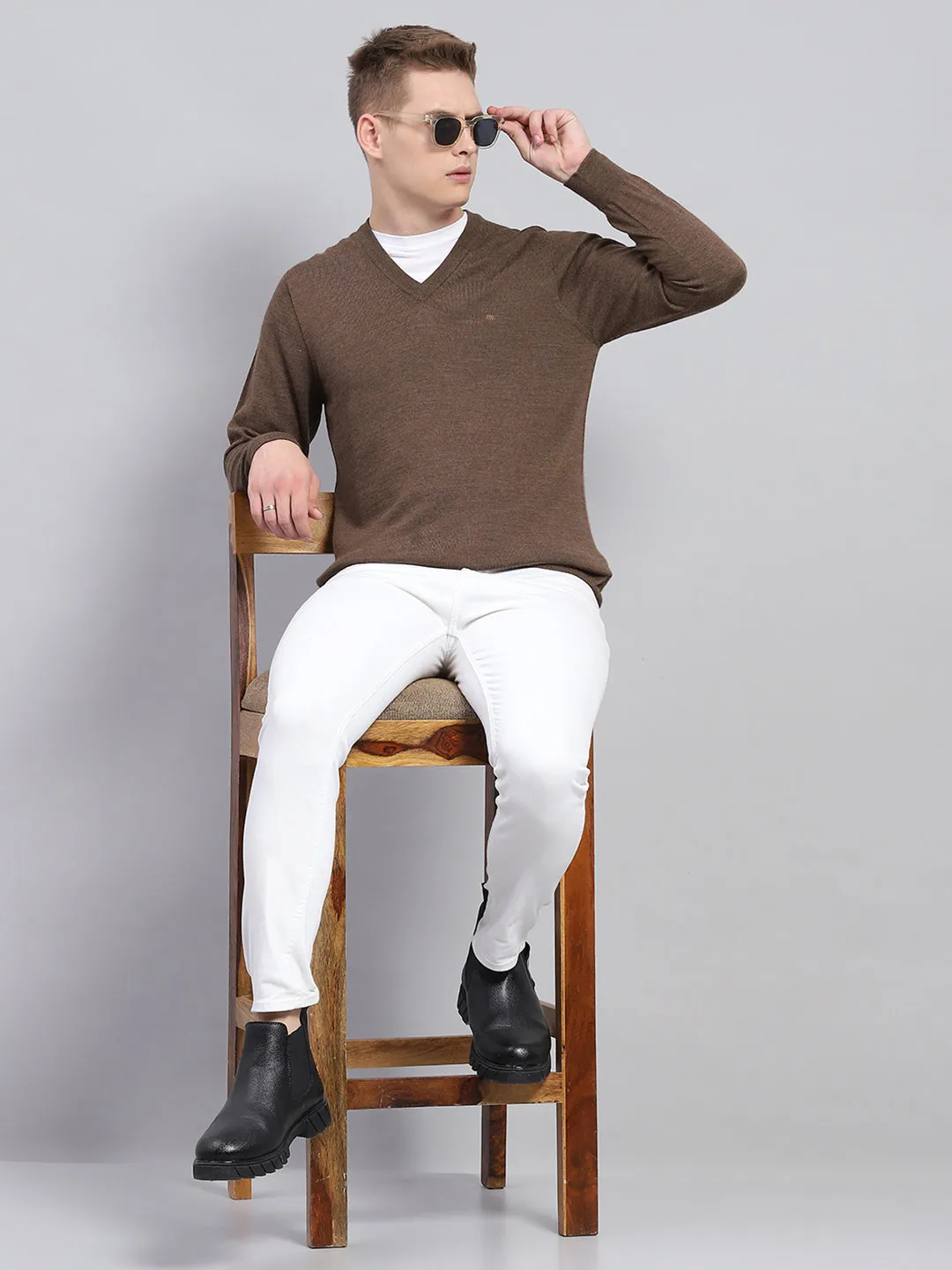 Men Brown Solid V Neck Full Sleeve Pullover sold by Monte Carlo product image thumbnail 2