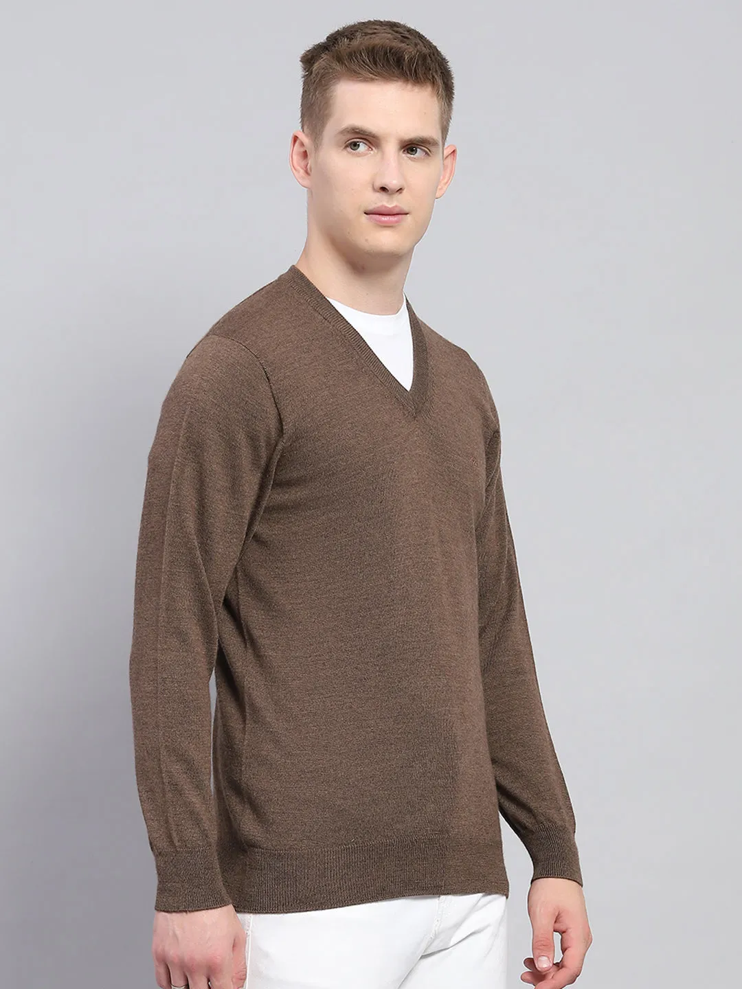 Men Brown Solid V Neck Full Sleeve Pullover sold by Monte Carlo product image thumbnail 4