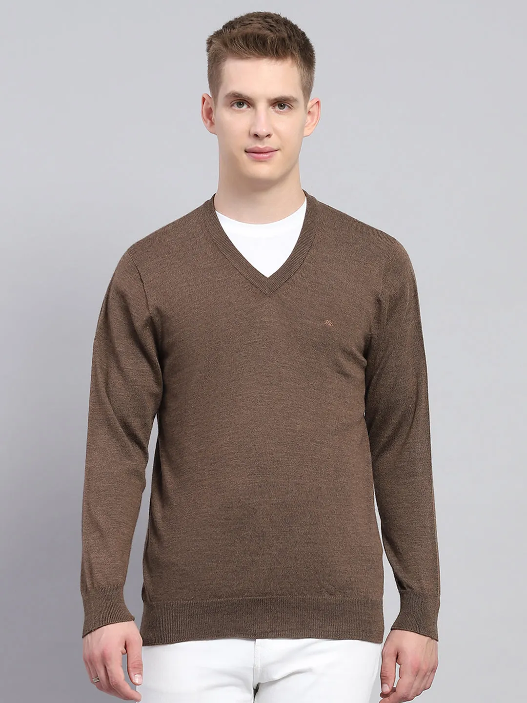 Men Brown Solid V Neck Full Sleeve Pullover sold by Monte Carlo