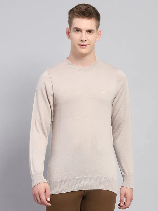 Men Beige Solid Round Neck Full Sleeve Pullover sold by Monte Carlo