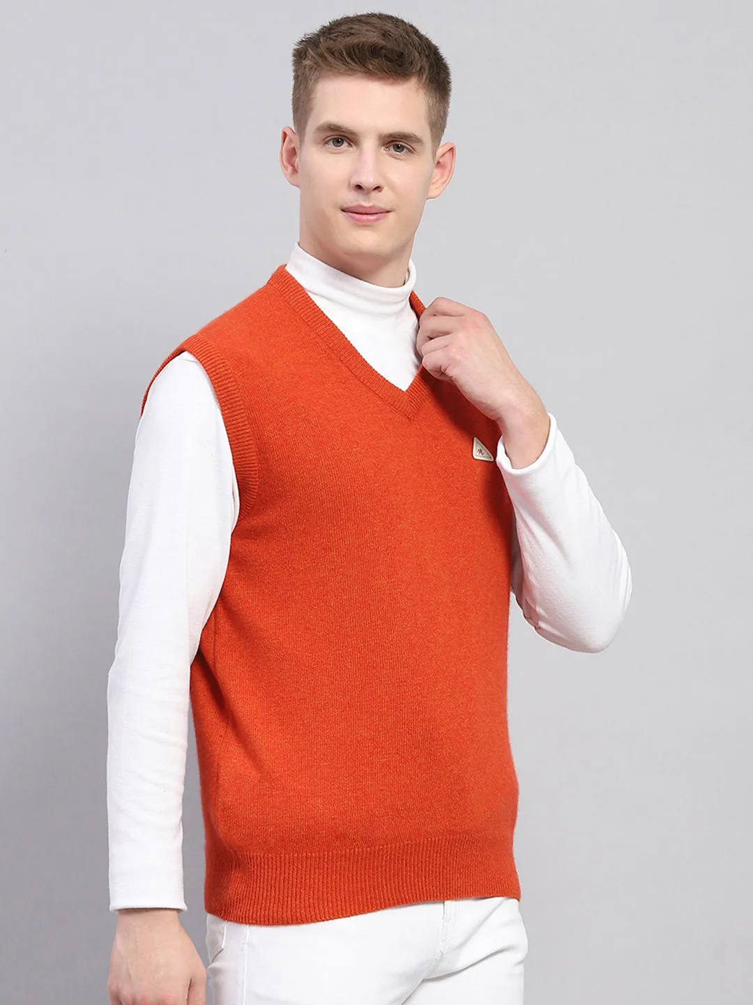 Men Orange Solid V Neck Sleeveless Sweater sold by Monte Carlo product image thumbnail 4