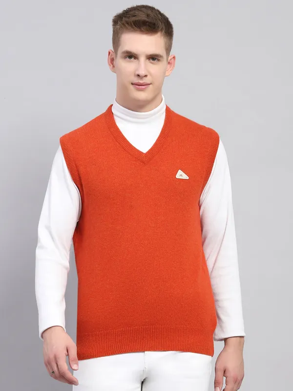 Men Orange Solid V Neck Sleeveless Sweater made by Monte Carlo