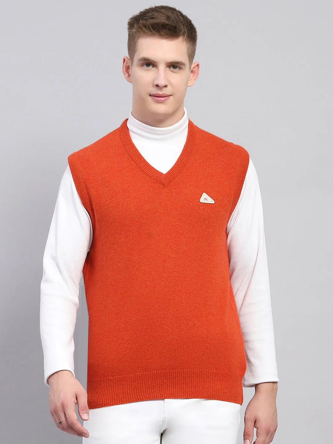 Men Orange Solid V Neck Sleeveless Sweater sold by Monte Carlo