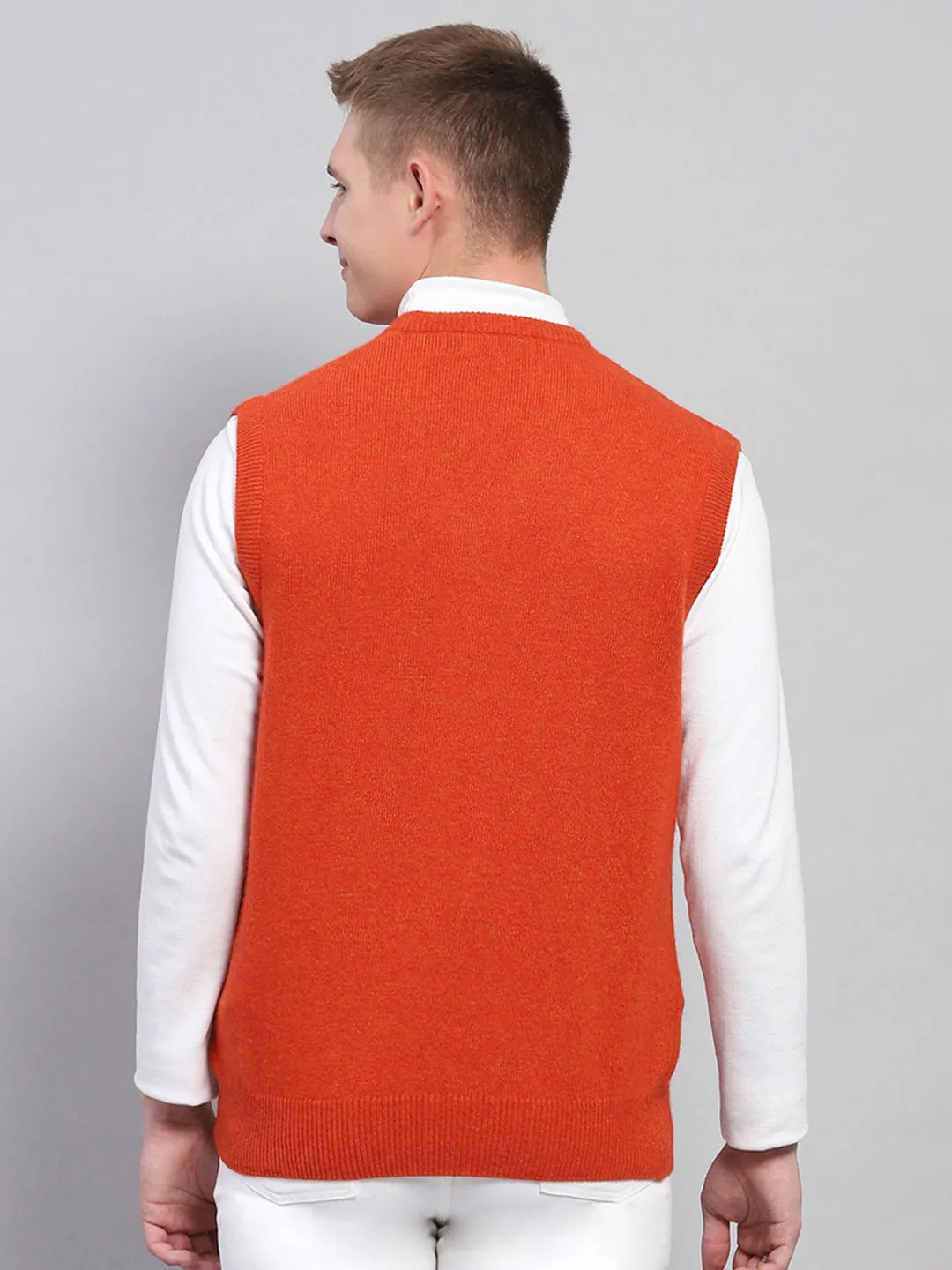 Men Orange Solid V Neck Sleeveless Sweater sold by Monte Carlo product image thumbnail 5