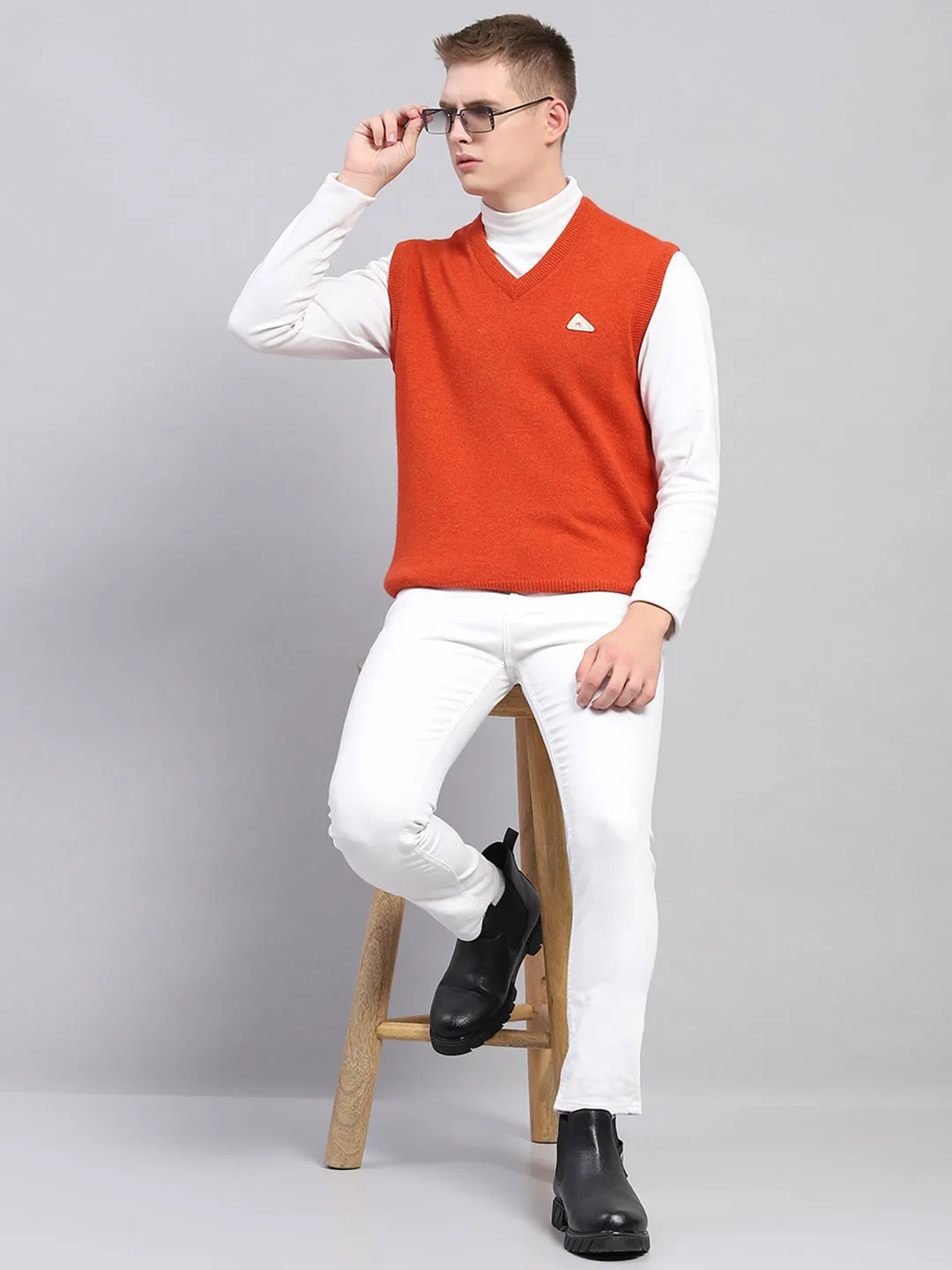 Men Orange Solid V Neck Sleeveless Sweater sold by Monte Carlo product image thumbnail 2