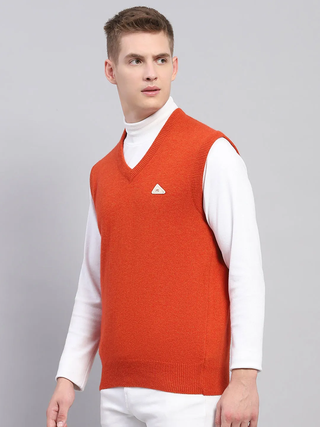 Men Orange Solid V Neck Sleeveless Sweater sold by Monte Carlo product image thumbnail 3