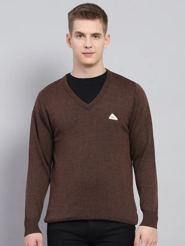 Men Brown Solid V Neck Full Sleeve Pullover made by Monte Carlo