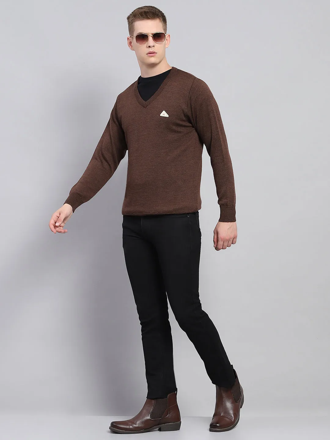 Men Brown Solid V Neck Full Sleeve Pullover sold by Monte Carlo product image thumbnail 2