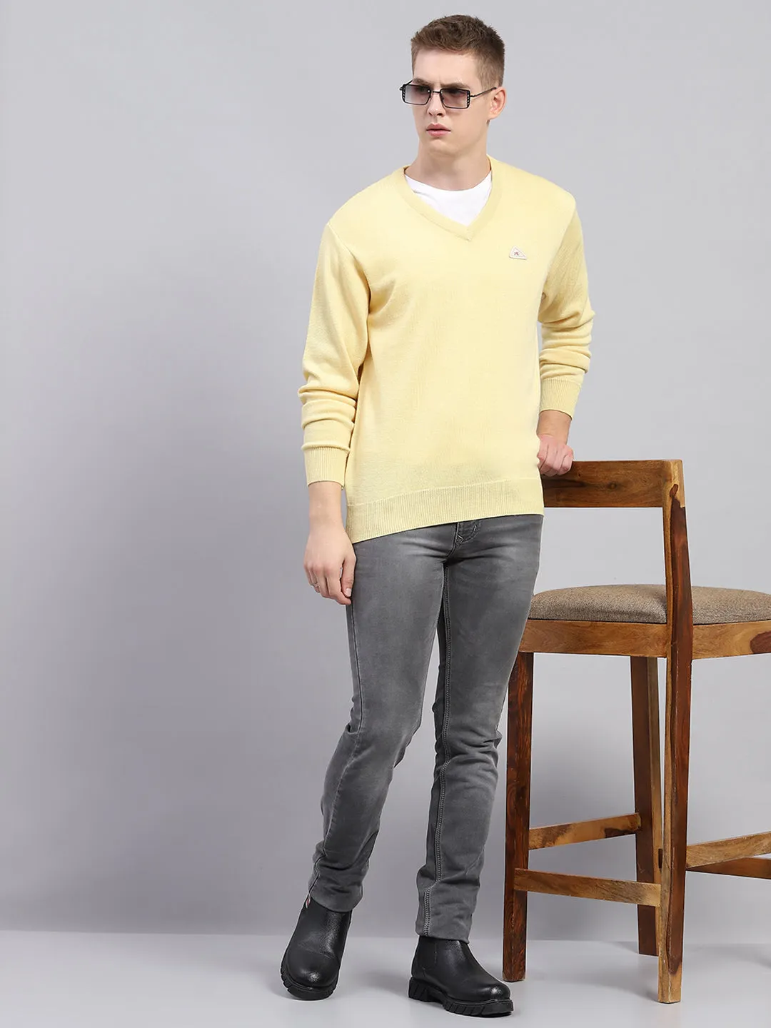 Men Yellow Solid V Neck Full Sleeve Pullover sold by Monte Carlo product image thumbnail 2