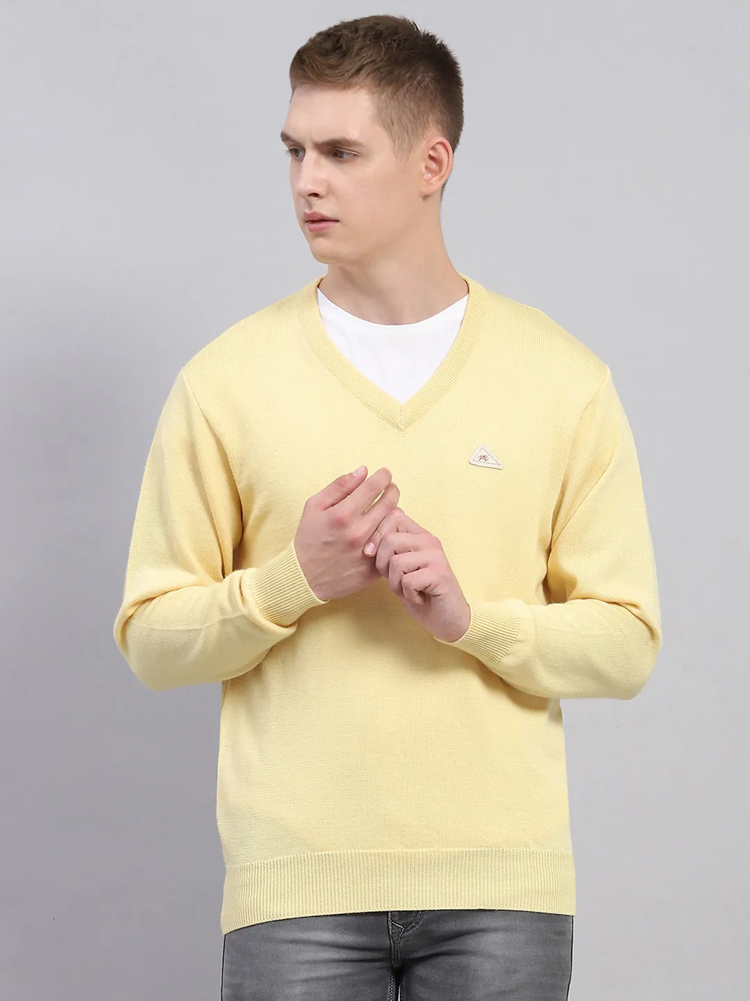 Men Yellow Solid V Neck Full Sleeve Pullover sold by Monte Carlo