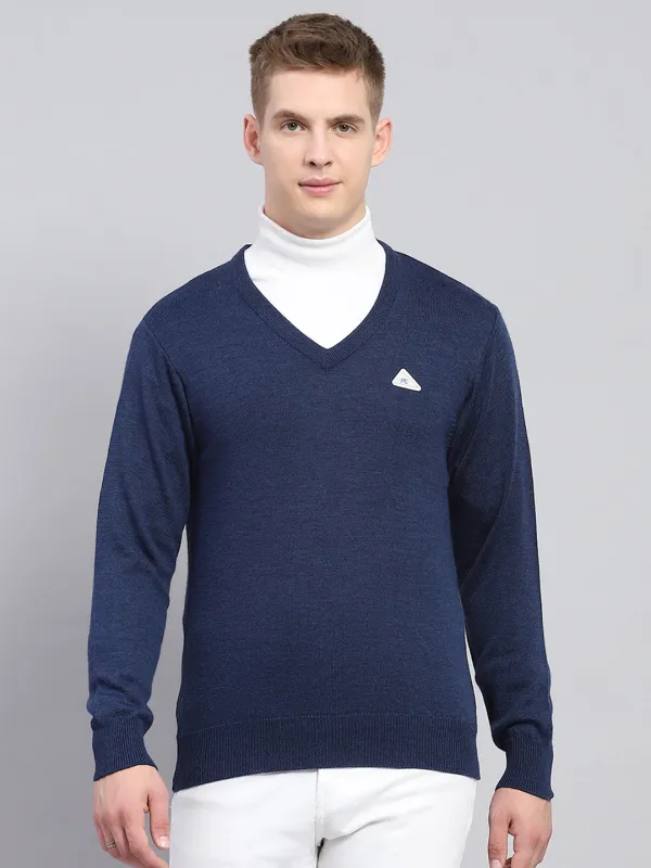 Men Navy Blue Solid V Neck Full Sleeve Pullover made by Monte Carlo